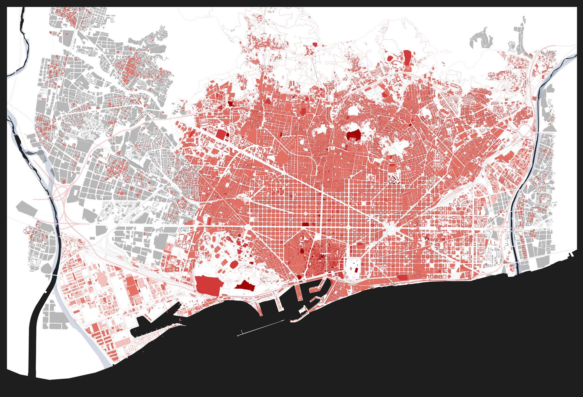 Mapa de Barcelona circa 2010 del Museu d’Història de Barcelona y el Ajuntament de Barcelona. Las dos líneas oscuras en los bordes representan los ríos; la franja oscura en la parte inferior, la costa marítima