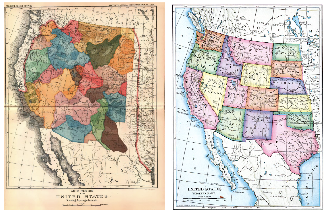 Imagen izquierda: Mapa de la “Región Árida” según lo cartografió John Wesley Powell.Fuente: Undécimo informe anual del Director del Servicio Geológico de los Estados Unidos, Parte 2 – Irrigación: Informe Anual 11, 1889-1890, p. 18.Imagen derecha: Mapa del oeste de los Estados Unidos en 1910.Fuente: Ralph S. Tarr, B.S., F.G.S.A. y Frank M. McMurry, Ph.D., New Geographies, 2.ª ed. (Nueva York, NY: The Macmillan Company, 1910), p. 26.
