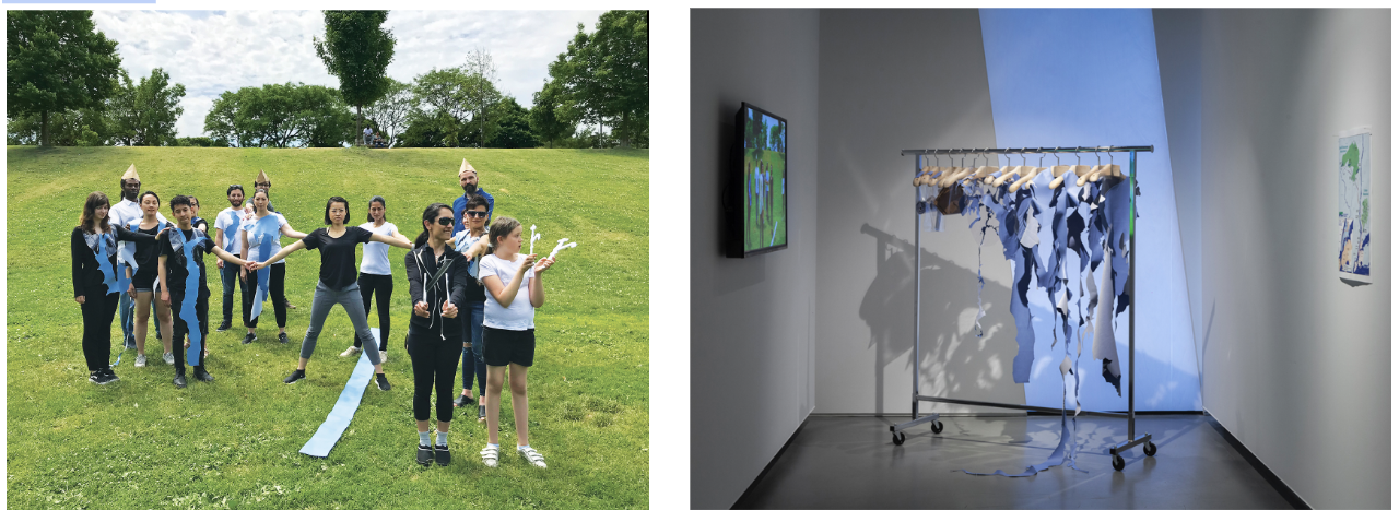 Derecha: Participantes del taller Performing Infrastructure (Interpretando la Infraestructura); Izquierda: Elementos de la cuenca hidrográfica de la ciudad de Nueva York en la instalación de la galería Onsite, 2018.