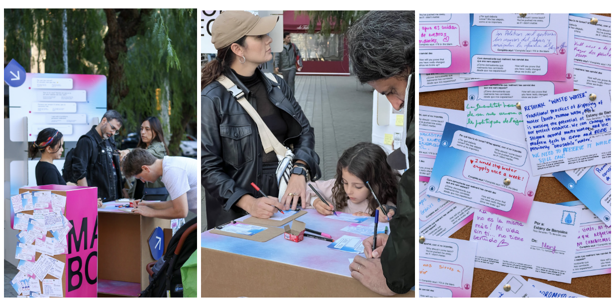 Estudiantes del Máster en Diseño Estratégico de la Escuela de Diseño e Ingeniería Elisava en Barcelona crearon una exposición pública que invita a los visitantes a reflexionar sobre su relación con el agua, utilizando postales y conversaciones por SMS como medio de expresión.